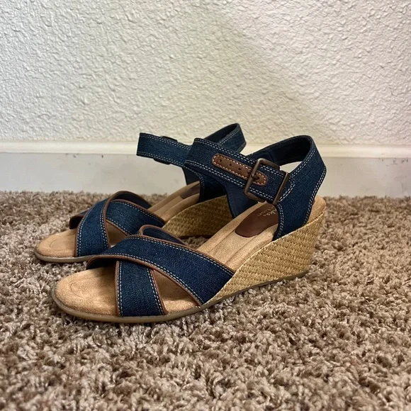 Clark: Denim Wedge Sandals with Ankle Strap – Size 7 - Picture 1 of 8